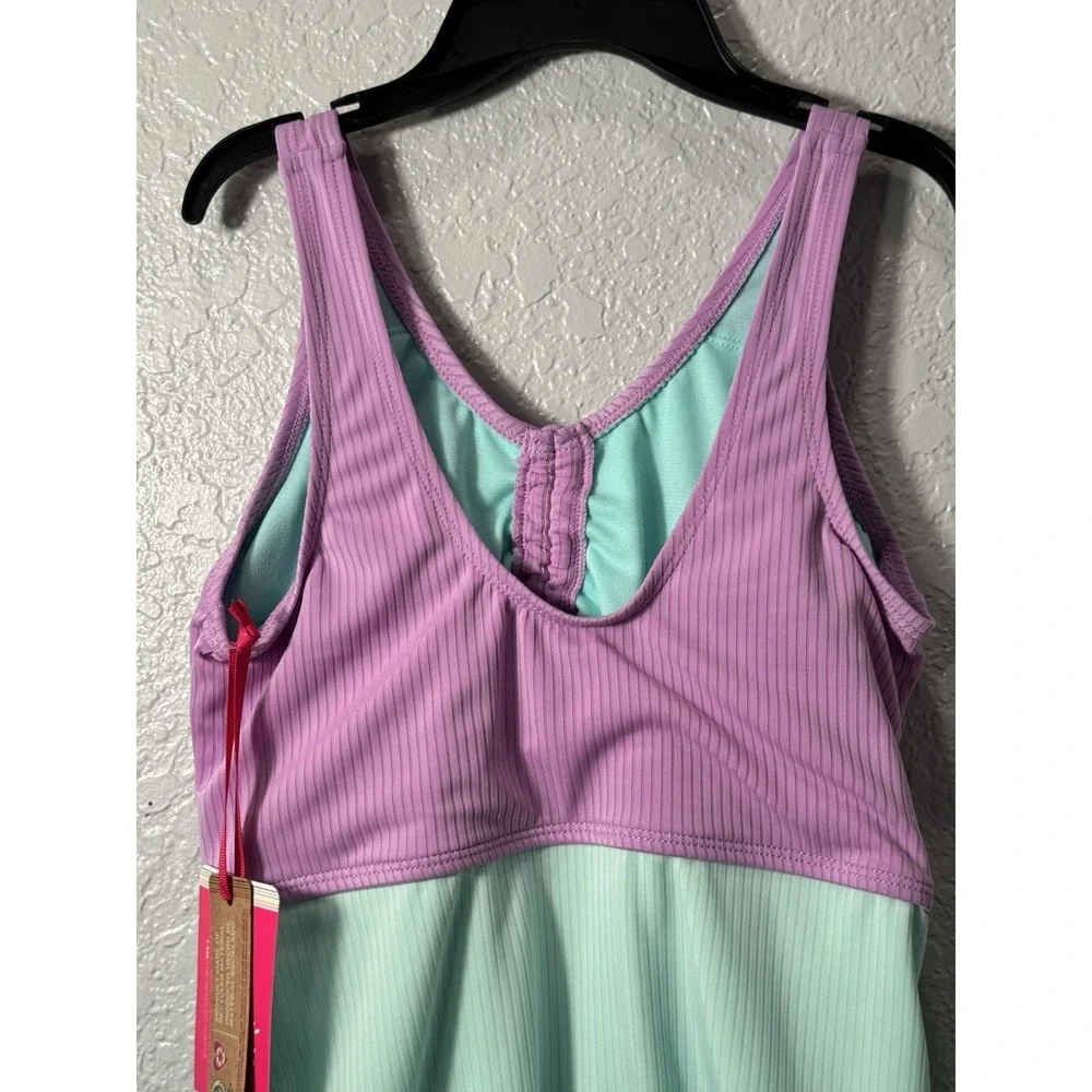 Justice Girls Size LG cutout color block One-Piece Swimsuit Ribbed Purple/Turqu